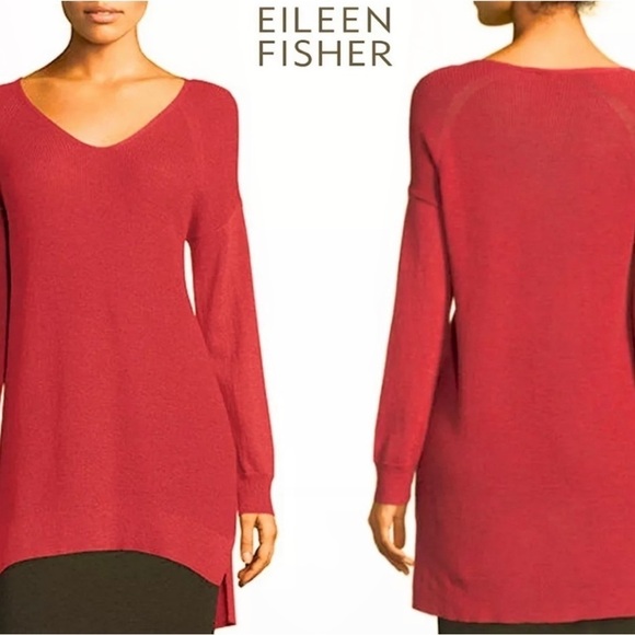 Eileen Fisher Zinia Red Hot 100% Wool Tunic Sweater Hi-Low Hem Size Small - Picture 1 of 11